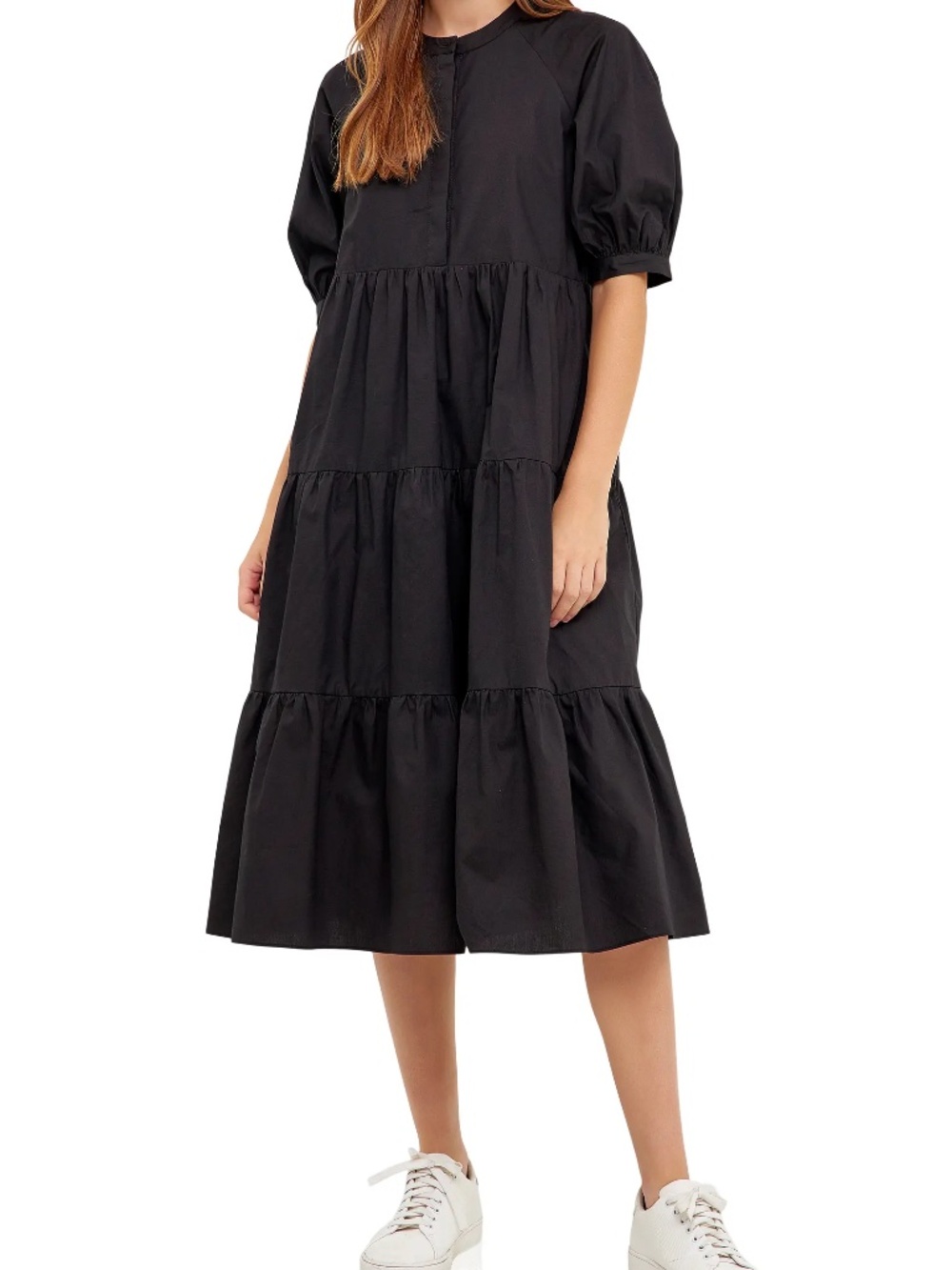 English Factory Women's Black Puff Sleeve Midi A-Line Dress 100% Cotton Small